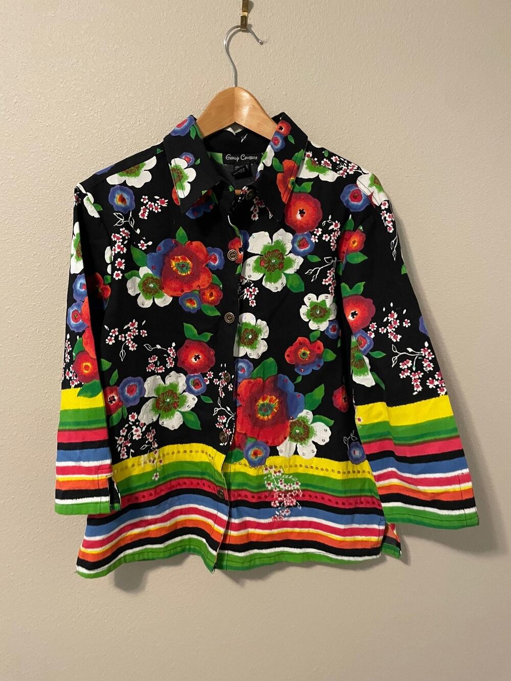 Vintage Candy Couture Button Up Shirt Womens Large Floral Stripe Artsy Boho 90s